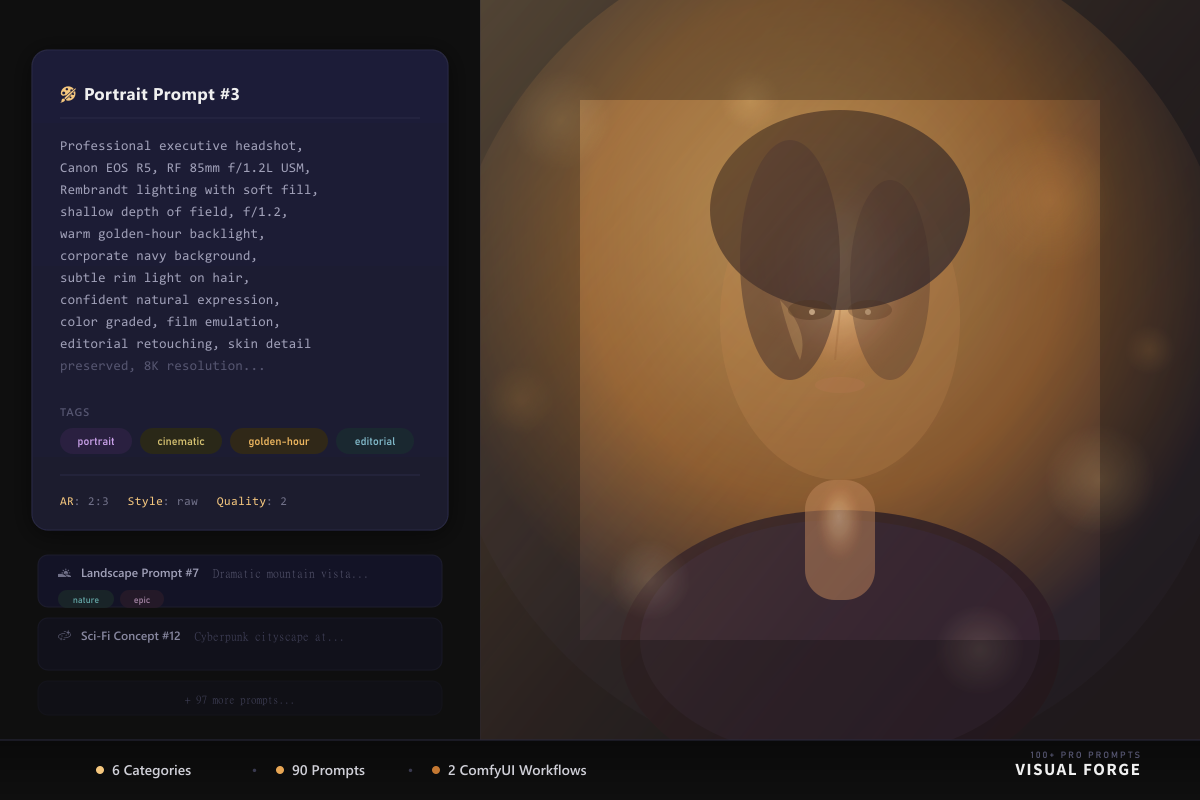 Visual Forge — Midjourney, DALL-E, Flux और ComfyUI के लिए 100+ प्रॉम्प्ट 1